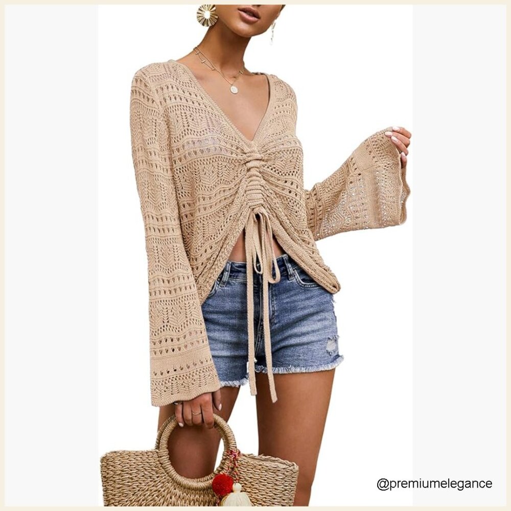 Small Crochet Top Cover Up Drawstring V-Neck Bell Sleeve Beachwear